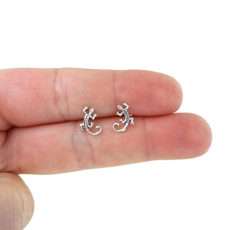 Tiny Lizard Earrings in Sterling Silver, Gecko Studs, Silver Lizard Stud, Multiple Piercings, Tiny Lizard Studs, Animal Earrings