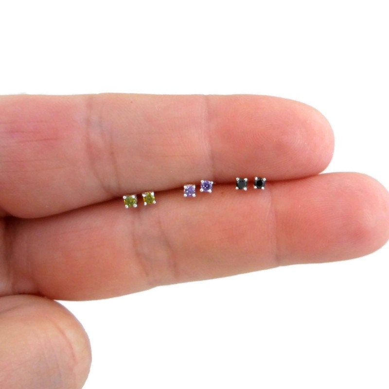 Tiny Gemstone CZ Stud Earrings in Sterling Silver, Cartilage Earrings, Tiny Studs, Cartilage Studs, 2mm Studs, Multiple Piercings