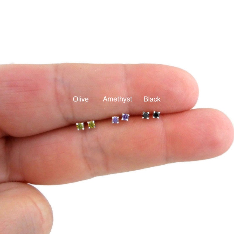 Tiny Gemstone CZ Stud Earrings in Sterling Silver, Cartilage Earrings, Tiny Studs, Cartilage Studs, 2mm Studs, Multiple Piercings