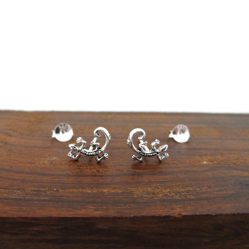 Tiny Lizard Earrings in Sterling Silver, Gecko Studs, Silver Lizard Stud, Multiple Piercings, Tiny Lizard Studs, Animal Earrings