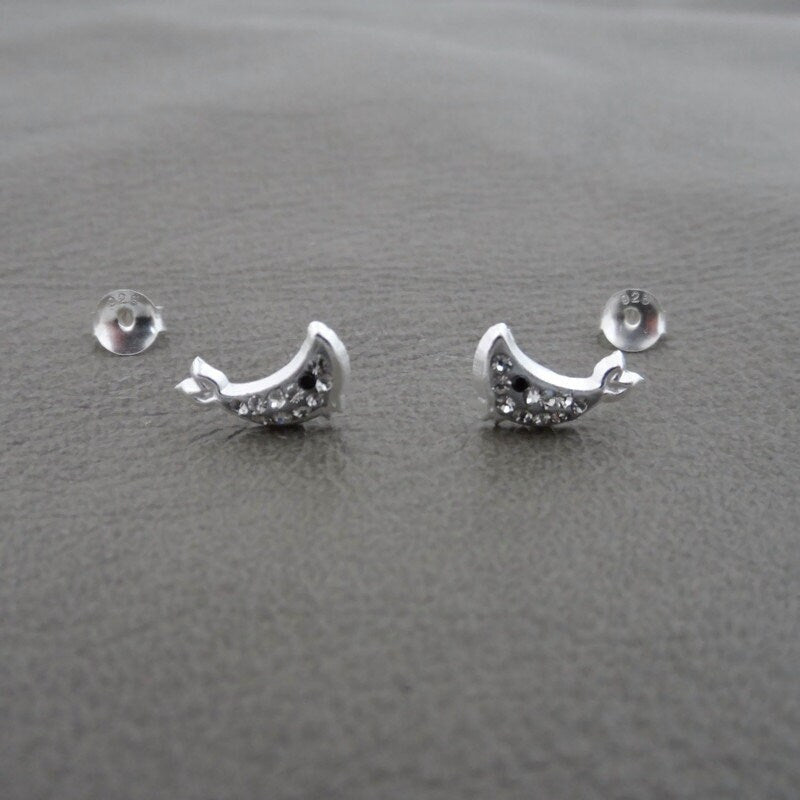 Whale Earrings in Sterling Silver, Whale Studs, Cubic Zirconia Earrings, Tiny Whale Studs, Baby Whale, Fish Earrings, Ocean Earrings