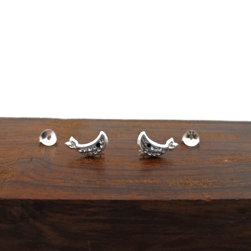 Whale Earrings in Sterling Silver, Whale Studs, Cubic Zirconia Earrings, Tiny Whale Studs, Baby Whale, Fish Earrings, Ocean Earrings