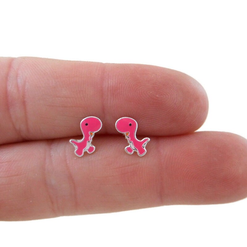 Pink Dinosaur Earrings in Sterling Silver