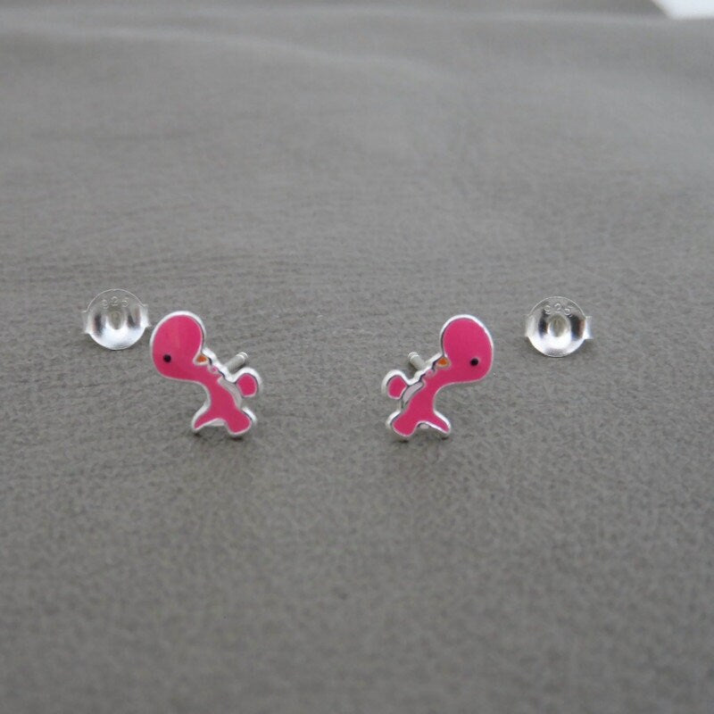 Pink Dinosaur Earrings in Sterling Silver