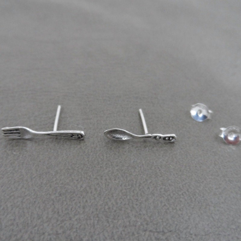 Tiny Fork & Spoon Earrings Sterling Silver, Fork Silver Earrings, Silver Earrings, Fork Spoon Studs, Cutlery Earrings, Dainty Earrings