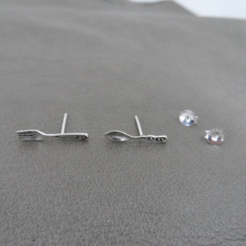 Tiny Fork & Spoon Earrings Sterling Silver, Fork Silver Earrings, Silver Earrings, Fork Spoon Studs, Cutlery Earrings, Dainty Earrings