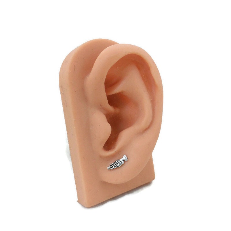 Tiny Trumpet Earrings in Sterling Silver, Music Studs, Trumpet Earrings, Music Earrings, Music Jewelry, Trumpet Jewelry, Band Jewelry