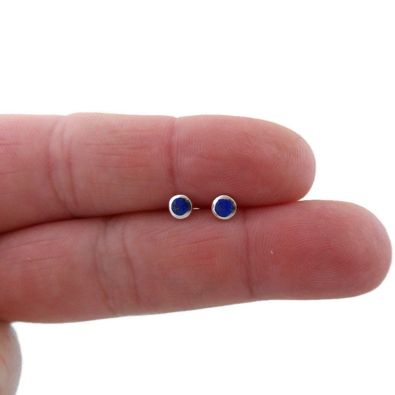 Tiny Lapis Earrings in Sterling Silver,Lapis Lazuli Earrings, 4mm Earrings, Blue Lapis Earrings, Sterling Silver Earrings, Gift for Her