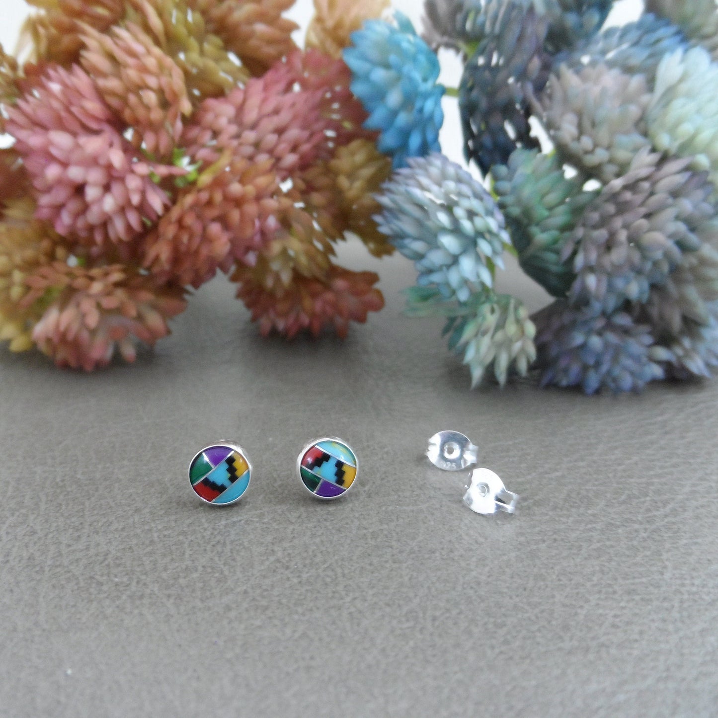 Turquoise Inlay Earrings in Sterling Silver, Sterling Inlay Stud Earrings, Southwest Jewelry Inlay Earrings, 7mm Inlay Studs, Inlay Studs
