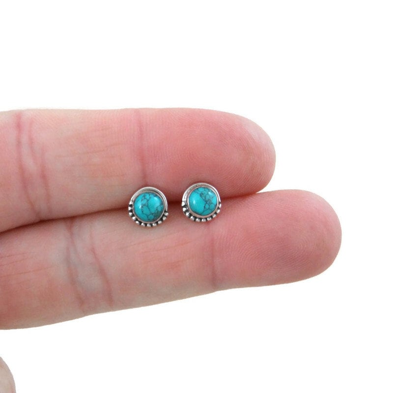 Turquoise Sterling Silver Earrings, Turquoise Silver Studs, 5mm Turquoise Earrings, Tiny Studs, Southwest Earrings, Boho Earrings