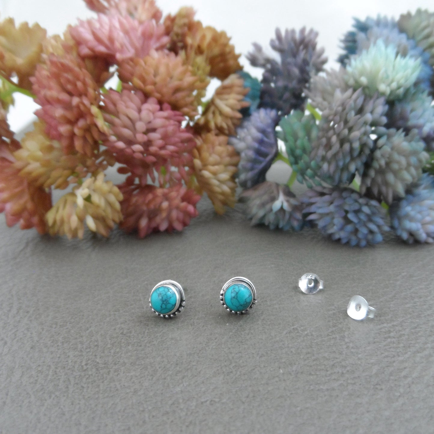 Turquoise Sterling Silver Earrings, Turquoise Silver Studs, 5mm Turquoise Earrings, Tiny Studs, Southwest Earrings, Boho Earrings