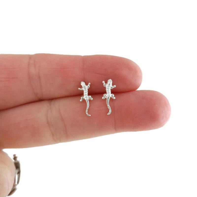 Tiny Lizard Earrings in Sterling Silver, Gecko Studs, Silver Lizard Stud, Multiple Piercings, Tiny Lizard Studs, Animal Earrings