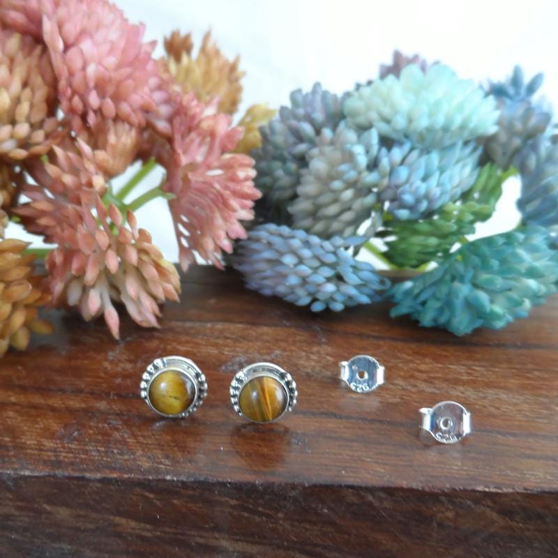 Tigers Eye Earrings in Sterling Silver, Tigers Eye Earrings, Gemstone Earrings, Minimalist Earrings, Dainty Earrings, Tigers Eye Jewelry