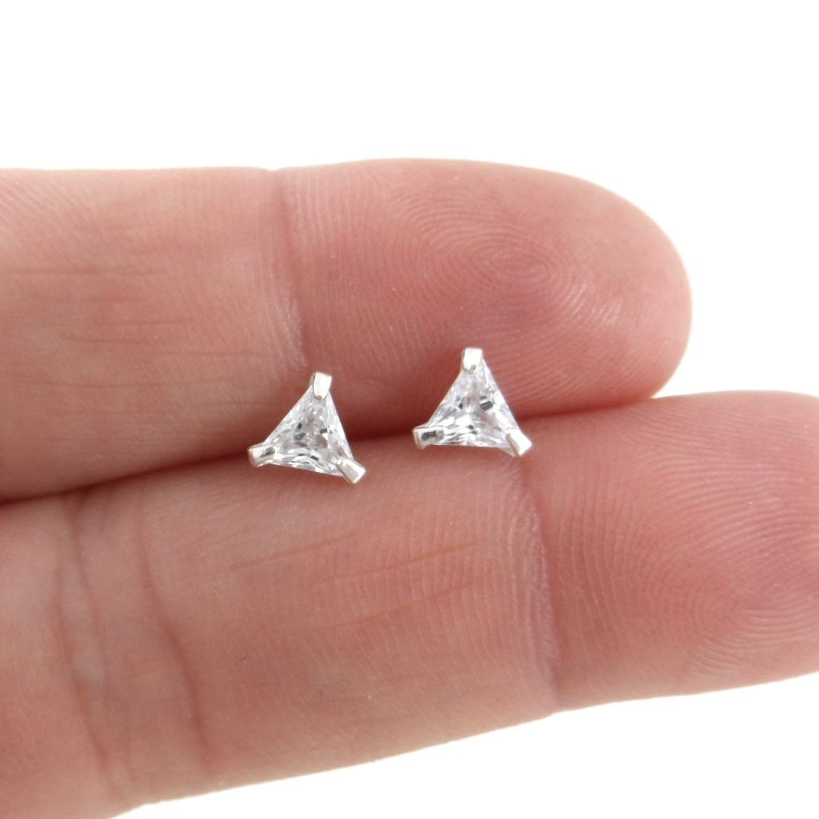 Tiny Sterling Silver Stud Earrings, Tiny Stud, Cubic Zirconia Studs, Triangle Earrings, Cartilage Studs, Minimalist Earring, Dainty Earrings