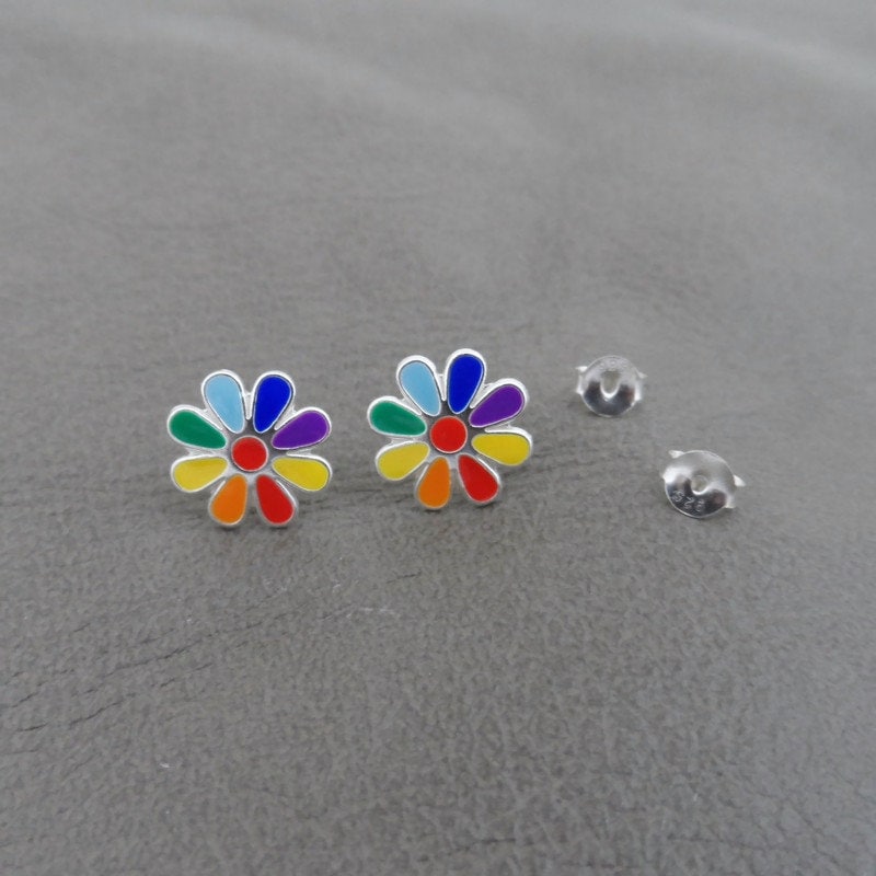 Rainbow Flower Earrings in Sterling Silver