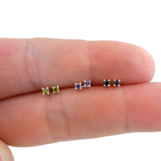 Tiny Gemstone CZ Stud Earrings in Sterling Silver, Cartilage Earrings, Tiny Studs, Cartilage Studs, 2mm Studs, Multiple Piercings
