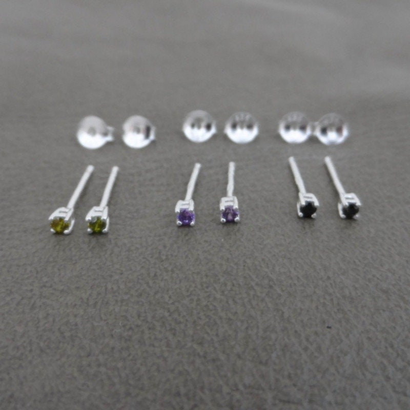 Tiny Gemstone CZ Stud Earrings in Sterling Silver, Cartilage Earrings, Tiny Studs, Cartilage Studs, 2mm Studs, Multiple Piercings