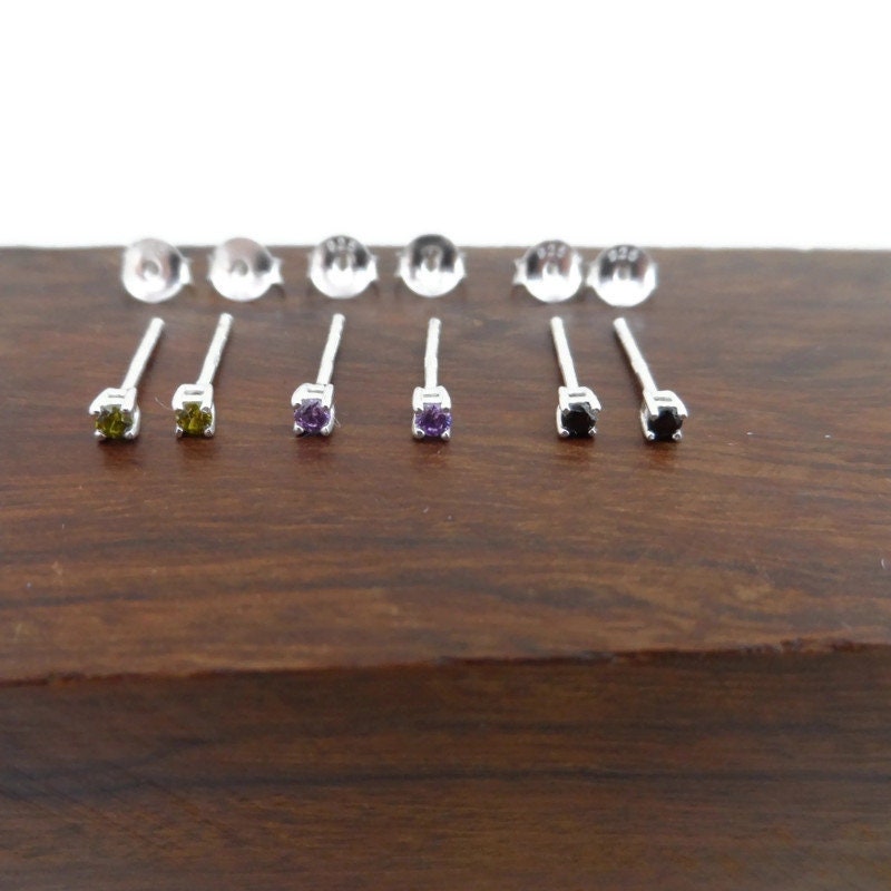 Tiny Gemstone CZ Stud Earrings in Sterling Silver, Cartilage Earrings, Tiny Studs, Cartilage Studs, 2mm Studs, Multiple Piercings