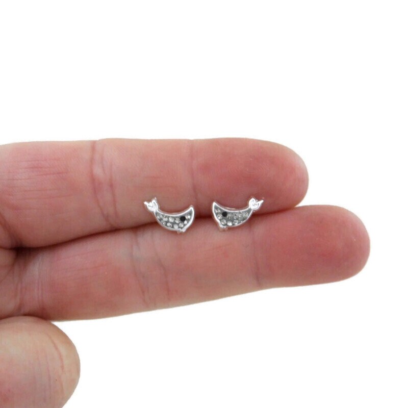 Whale Earrings in Sterling Silver, Whale Studs, Cubic Zirconia Earrings, Tiny Whale Studs, Baby Whale, Fish Earrings, Ocean Earrings