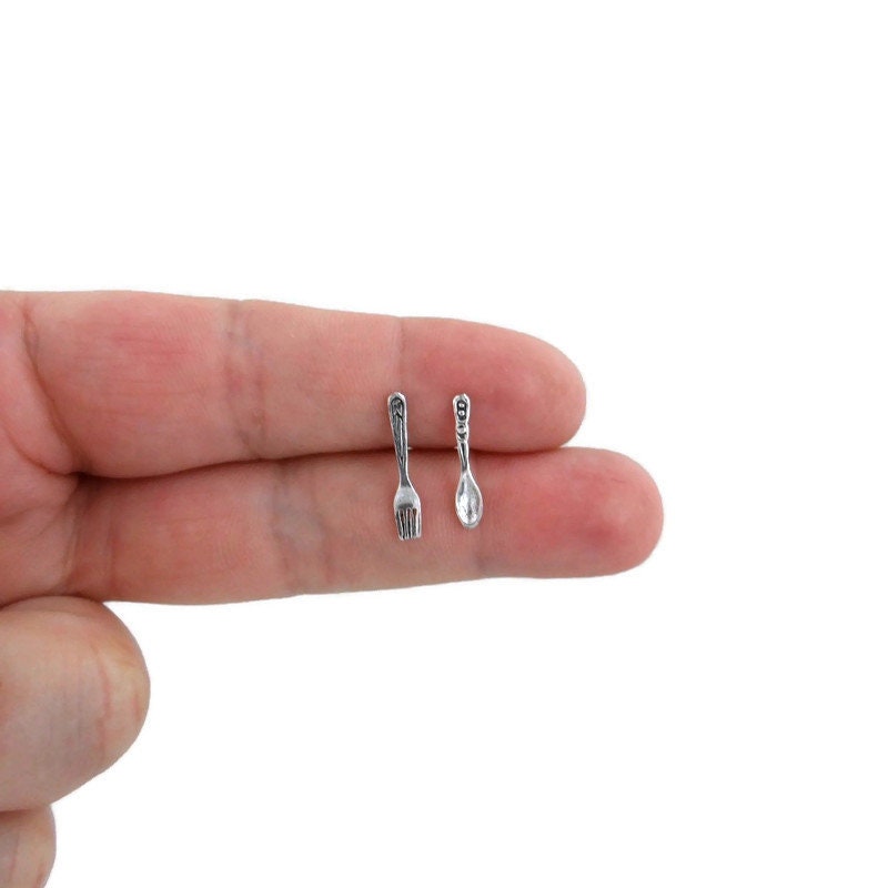 Tiny Fork & Spoon Earrings Sterling Silver, Fork Silver Earrings, Silver Earrings, Fork Spoon Studs, Cutlery Earrings, Dainty Earrings