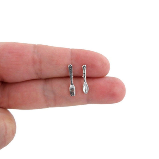 Tiny Fork & Spoon Earrings Sterling Silver, Fork Silver Earrings, Silver Earrings, Fork Spoon Studs, Cutlery Earrings, Dainty Earrings