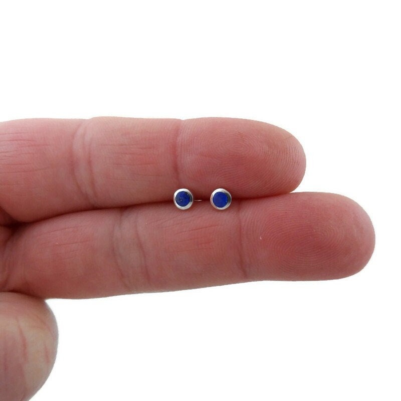 Tiny Lapis Earrings in Sterling Silver,Lapis Lazuli Earrings, 4mm Earrings, Blue Lapis Earrings, Sterling Silver Earrings, Gift for Her