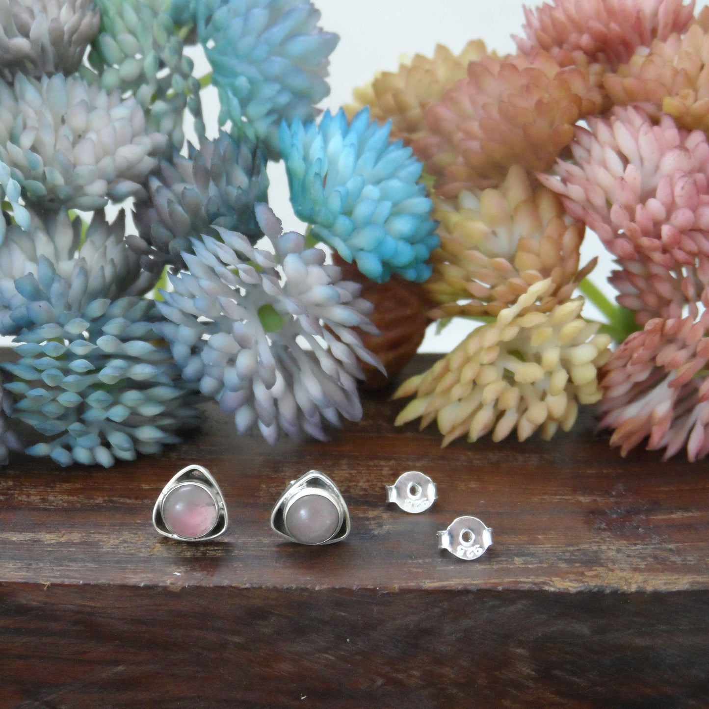 Pink Rose Quartz Triangle Earrings in Sterling Silver