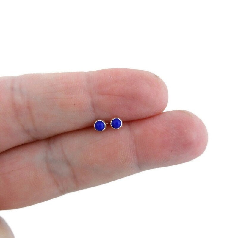 Tiny Lapis Stud Earrings in Sterling Silver, Lapis Earrings, 3mm Earrings, Tiny Earrings, Dainty Earrings, Southwestern Jewelry