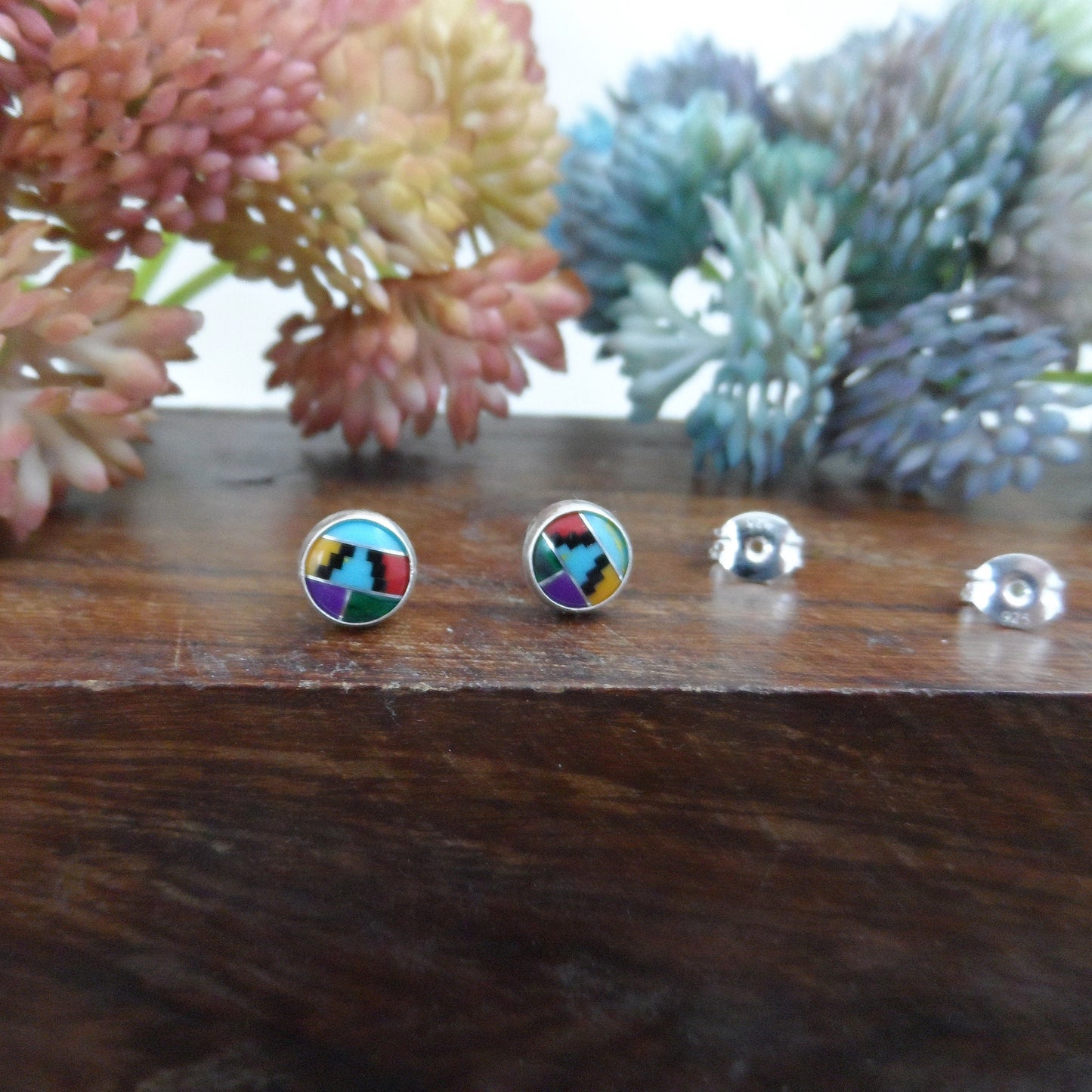 Turquoise Inlay Earrings in Sterling Silver, Sterling Inlay Stud Earrings, Southwest Jewelry Inlay Earrings, 7mm Inlay Studs, Inlay Studs